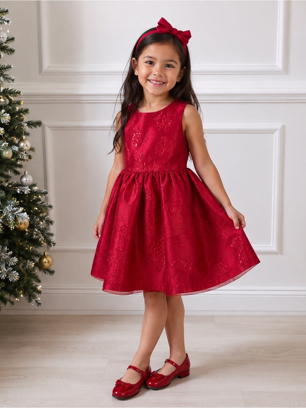H&M Red Floral Jacquard Party Dress with Bow Headband